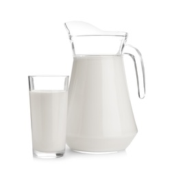 Photo of Jug and glass with fresh milk on white background