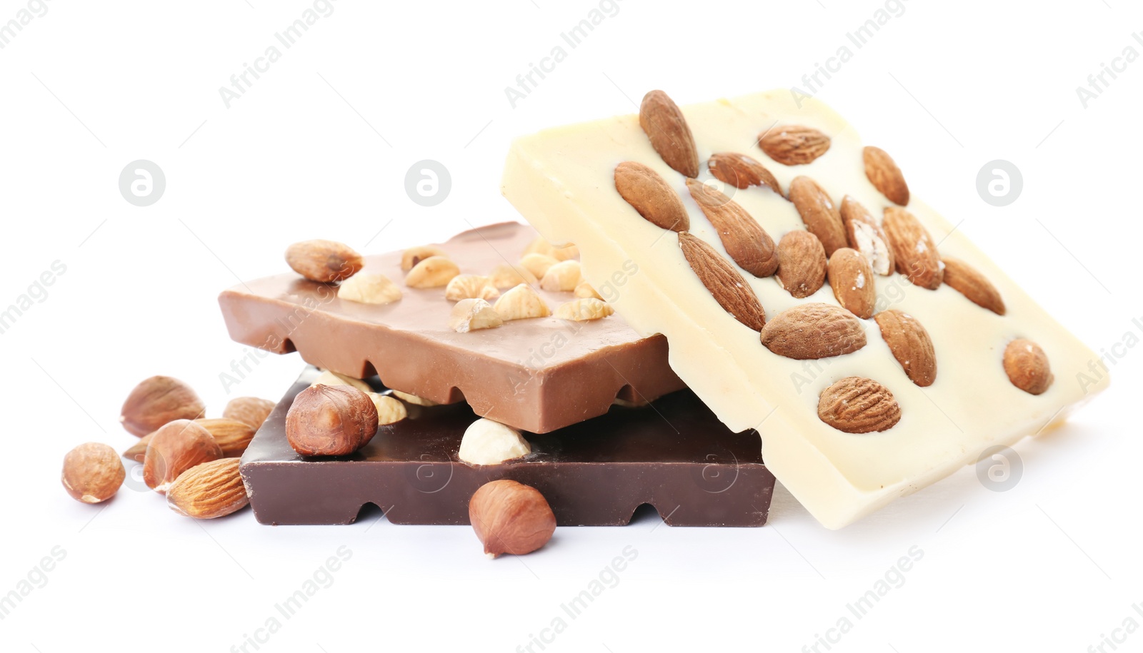 Photo of Different delicious chocolate bars with nuts on white background