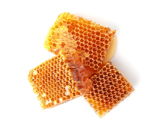 Photo of Fresh honeycombs on white background, top view