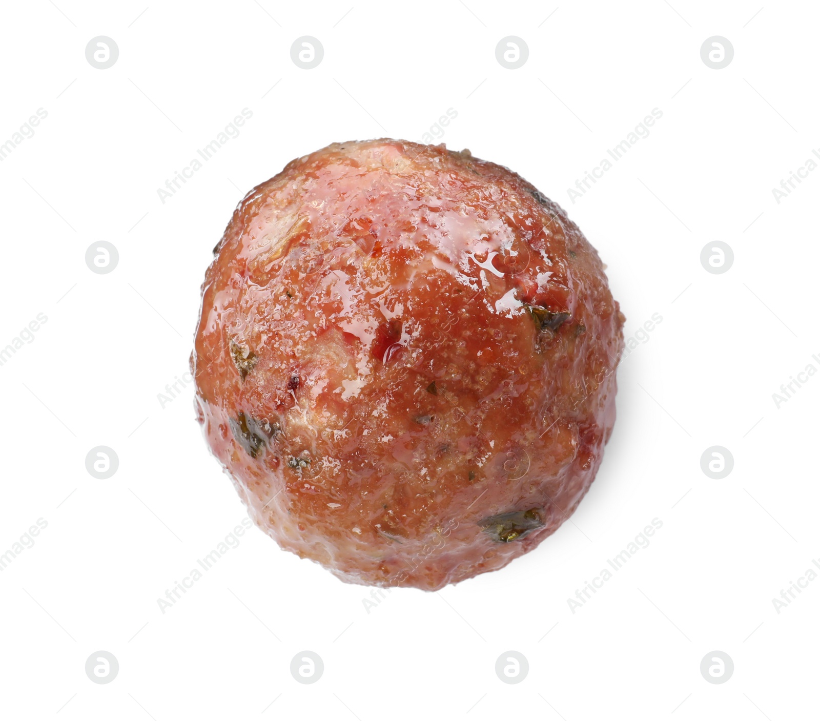 Photo of Tasty cooked meatball isolated on white, top view