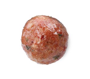 Photo of Tasty cooked meatball isolated on white, top view