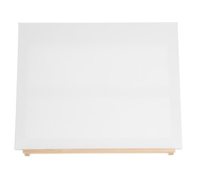 Photo of Wooden easel with blank canvas isolated on white