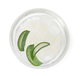 Pieces of aloe vera in bowl isolated on white, top view