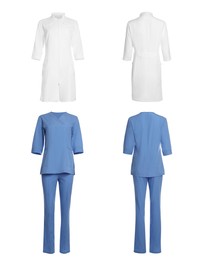 Image of Blue medical uniform and coat isolated on white, collage with back and front views