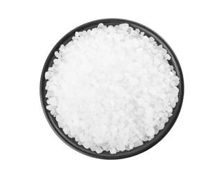Photo of Natural sea salt in black bowl isolated on white, top view