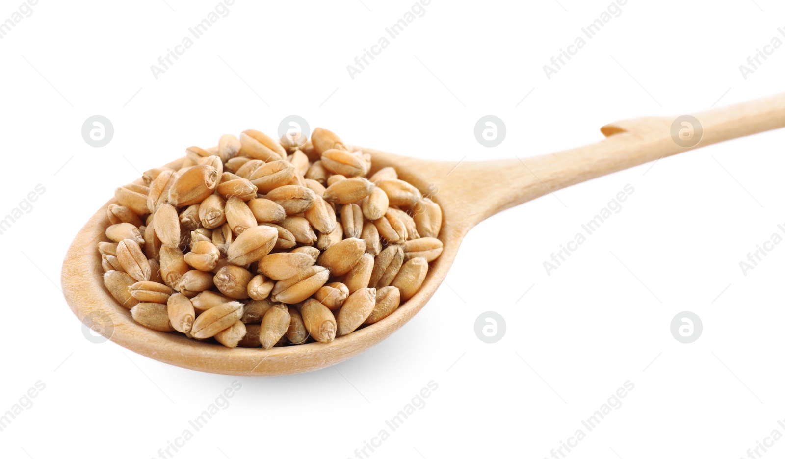 Photo of Wooden spoon with wheat grains isolated on white