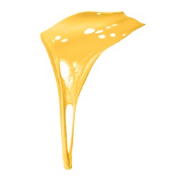 Image of Tasty cheese stretching in air on white background