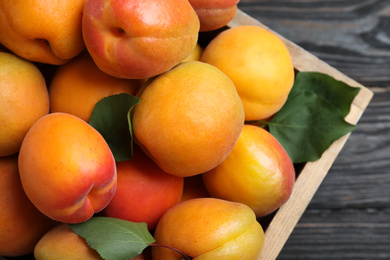 Photo of Many fresh ripe apricots in wooden crate on table, closeup