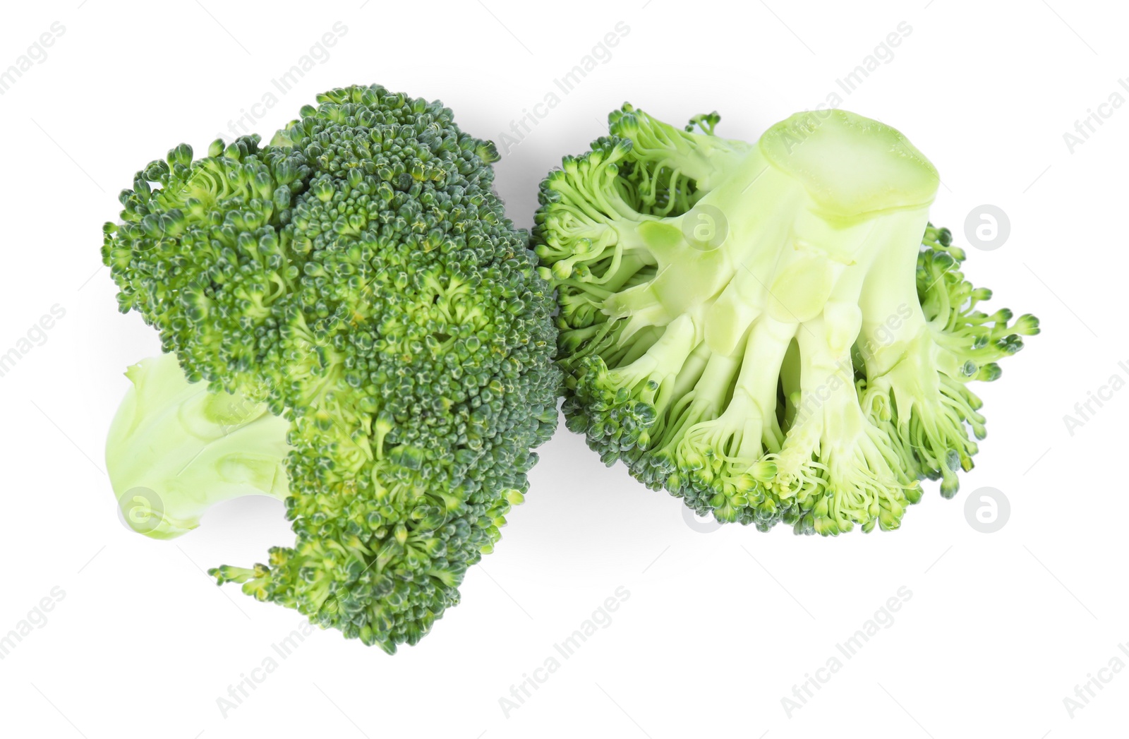 Photo of Fresh green broccoli on white background, top view. Organic food