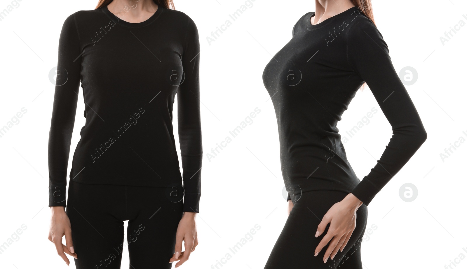 Image of Collage of woman wearing thermal underwear isolated on white, closeup