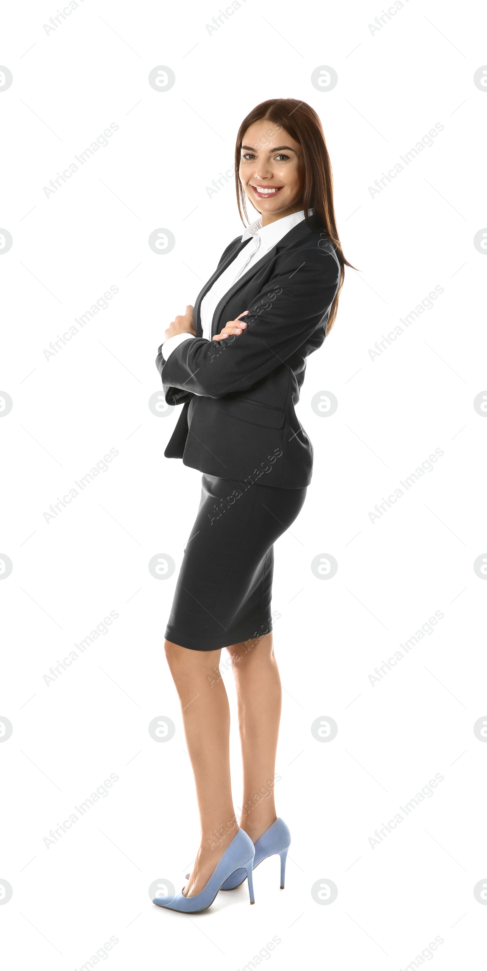 Photo of Full length portrait of businesswoman on white background