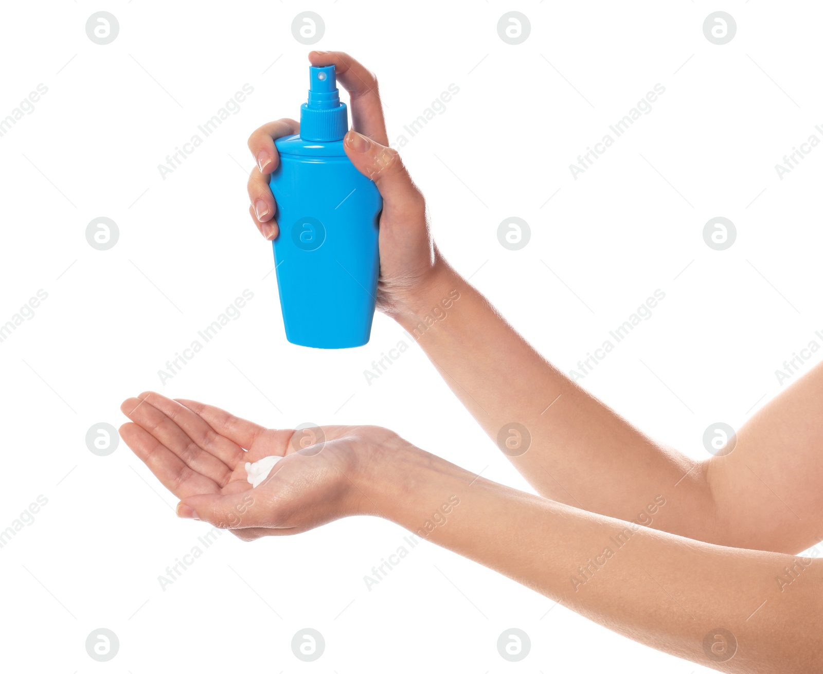 Photo of Woman with bottle of sun protection body cream on white background, closeup