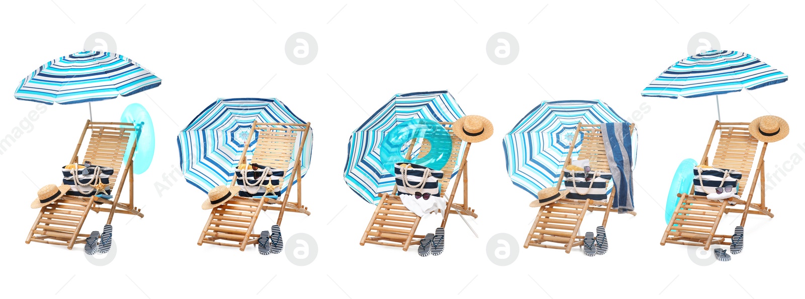 Image of Deck chair with beach accessories isolated on white, set