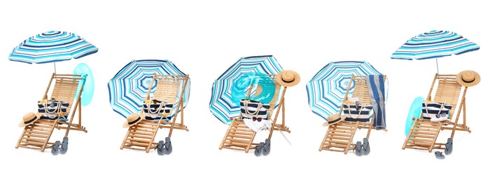 Image of Deck chair with beach accessories isolated on white, set