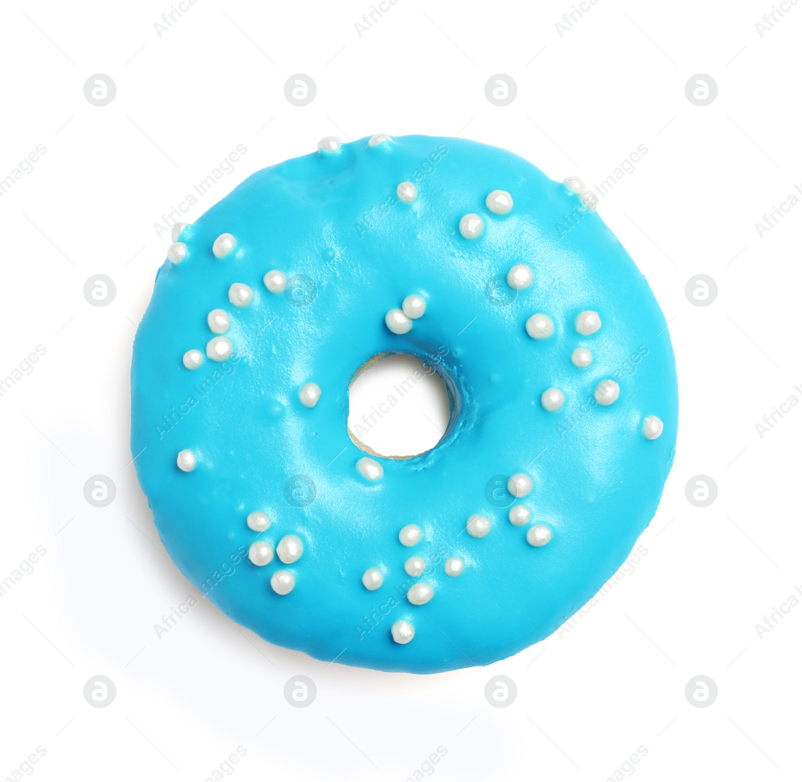 Photo of Sweet delicious glazed donut decorated with sprinkles on white background, top view