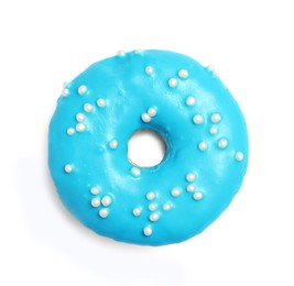 Photo of Sweet delicious glazed donut decorated with sprinkles on white background, top view