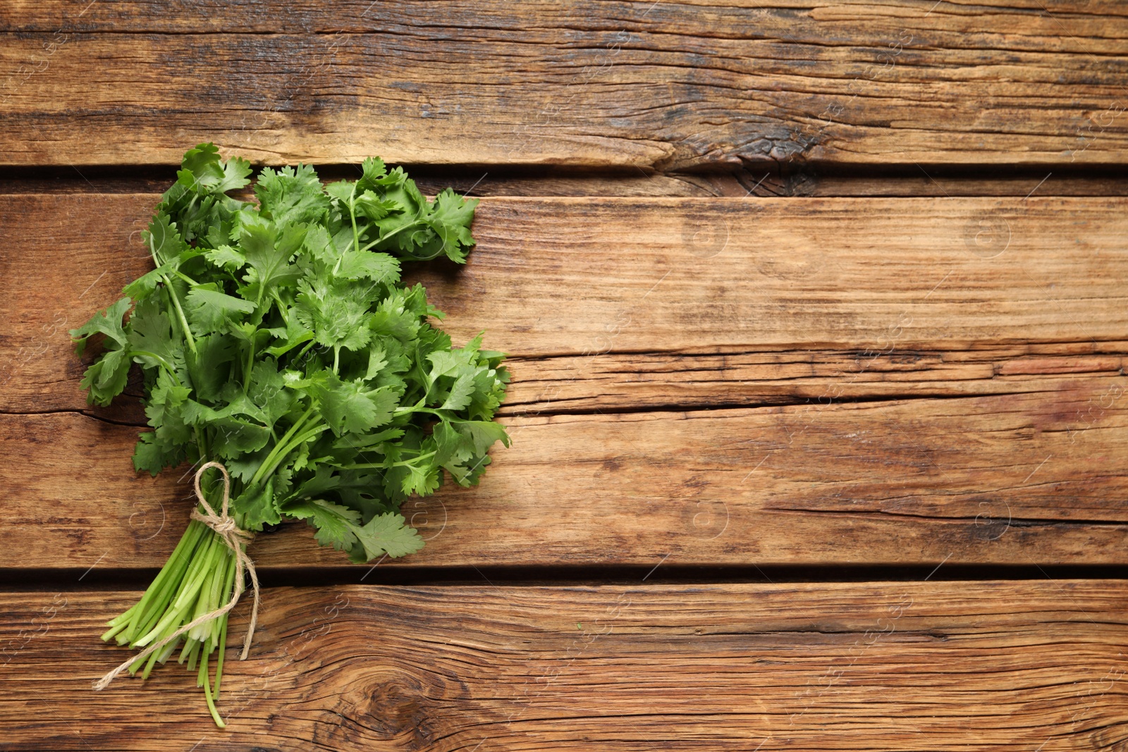 Photo of Bunch of fresh aromatic cilantro on wooden table, top view. Space for text