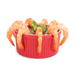 Photo of Delicious shrimp cocktail with tomato sauce isolated on white