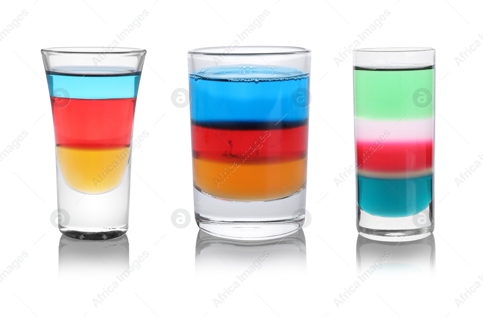 Image of Different shooters in shot glasses isolated on white, set