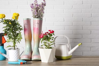 Beautiful flowers and gardening tools on wooden table near white brick wall