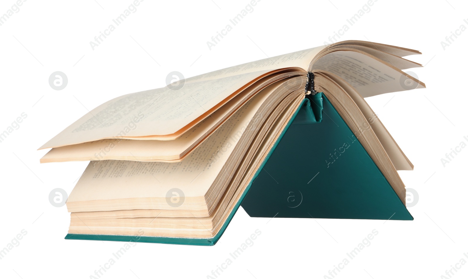 Photo of Open old hardcover book on white background