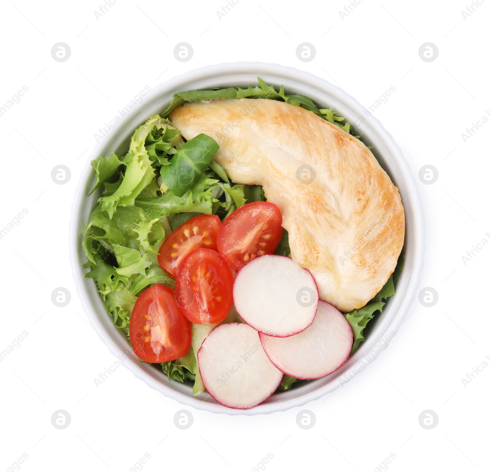 Photo of Delicious poke bowl with meat, avocado and vegetables isolated on white, top view