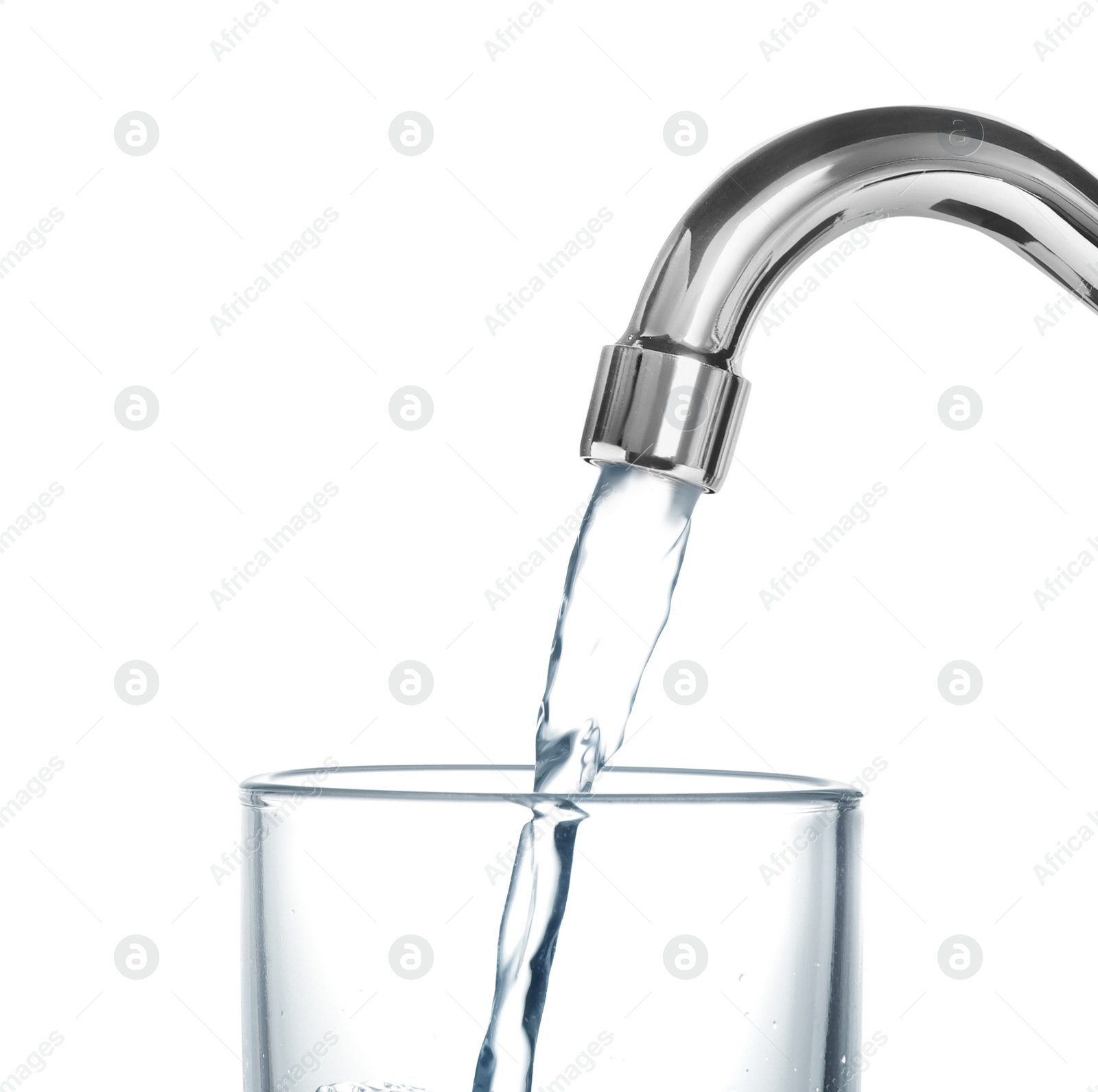 Image of Filling glass with water from tap on white background