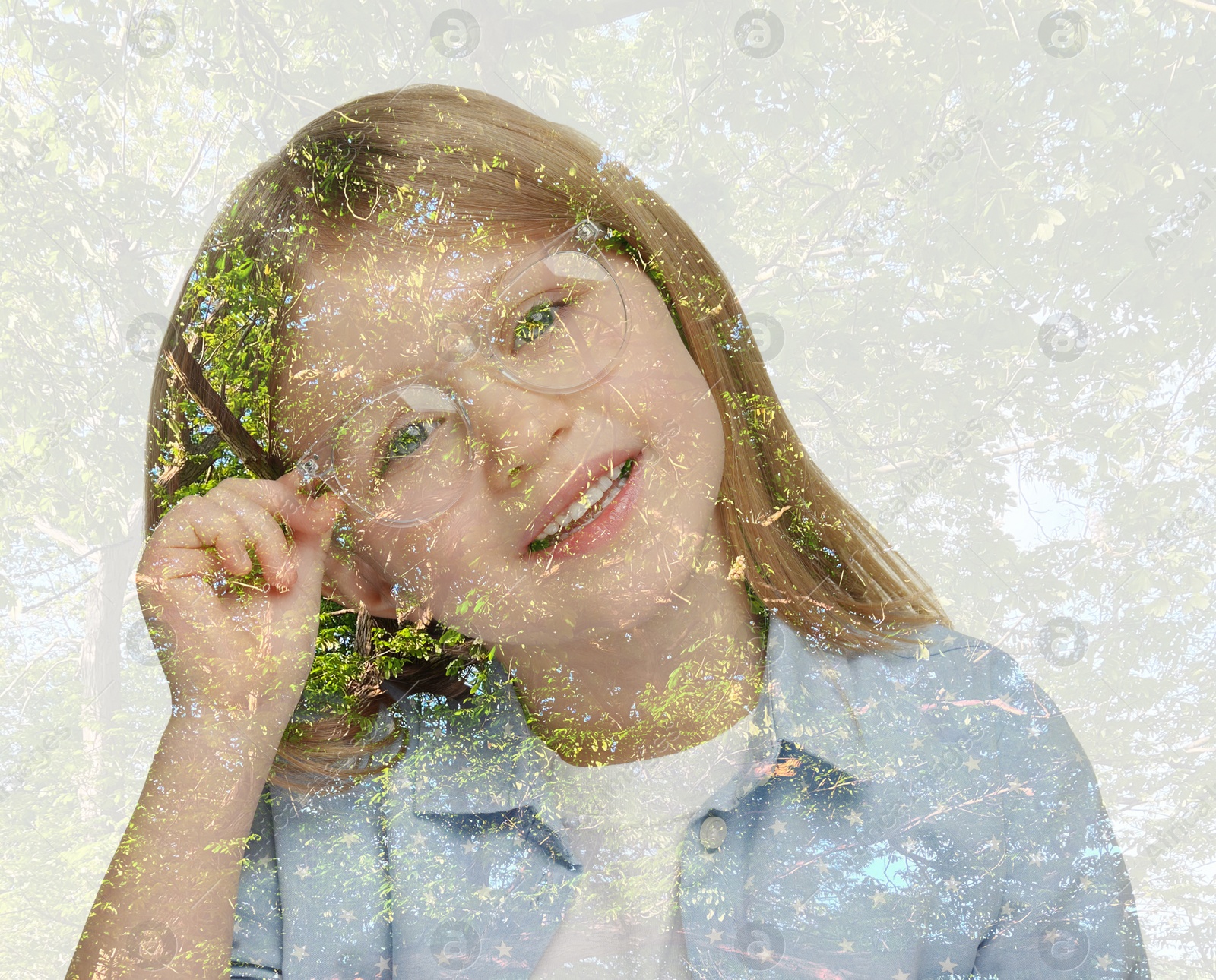 Image of Double exposure of cute little girl and green tree