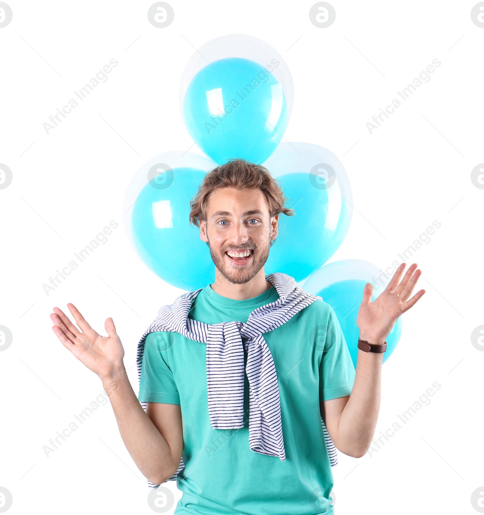 Photo of Young man with air balloons on white background