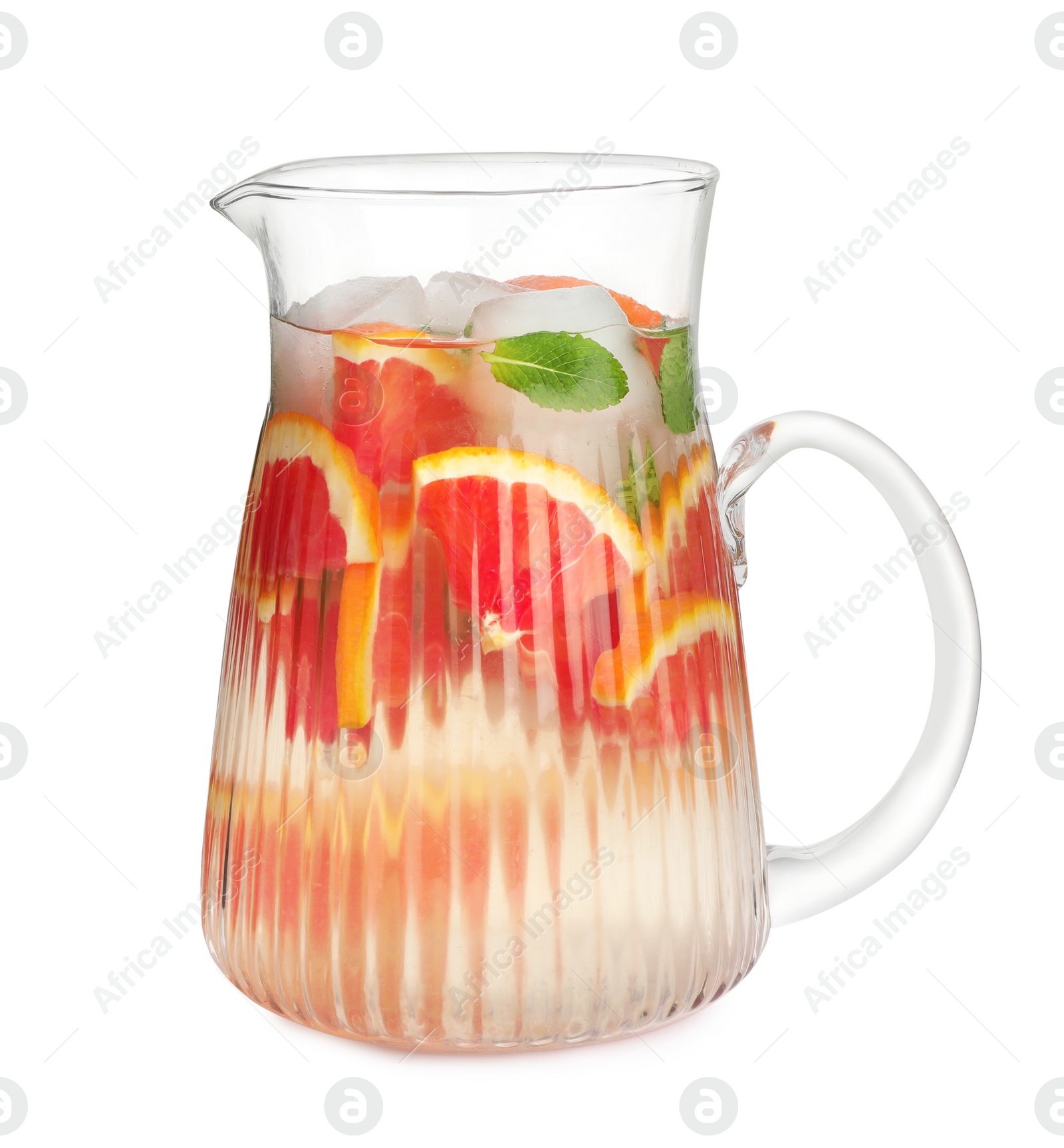 Photo of Delicious refreshing drink with sicilian orange, fresh mint and ice cubes in jug isolated on white