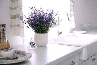 Photo of Beautiful lavender flowers on countertop near sink in kitchen