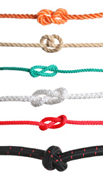 Set of different ropes with knots on white background