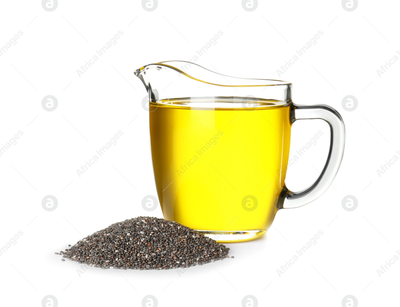 Photo of Jug with chia oil and pile of seeds on white background