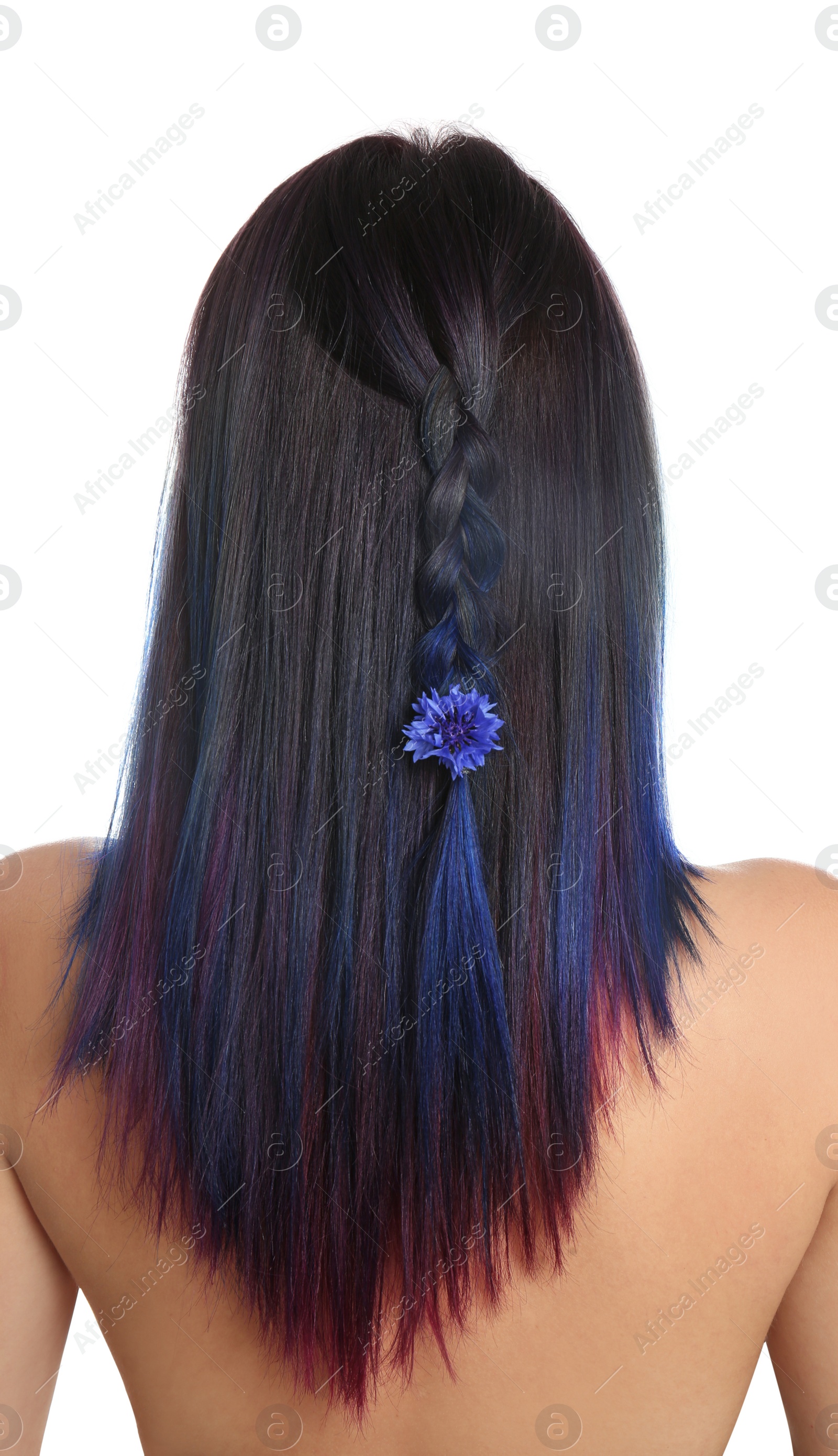 Photo of Young woman with bright dyed hair on white background, back view