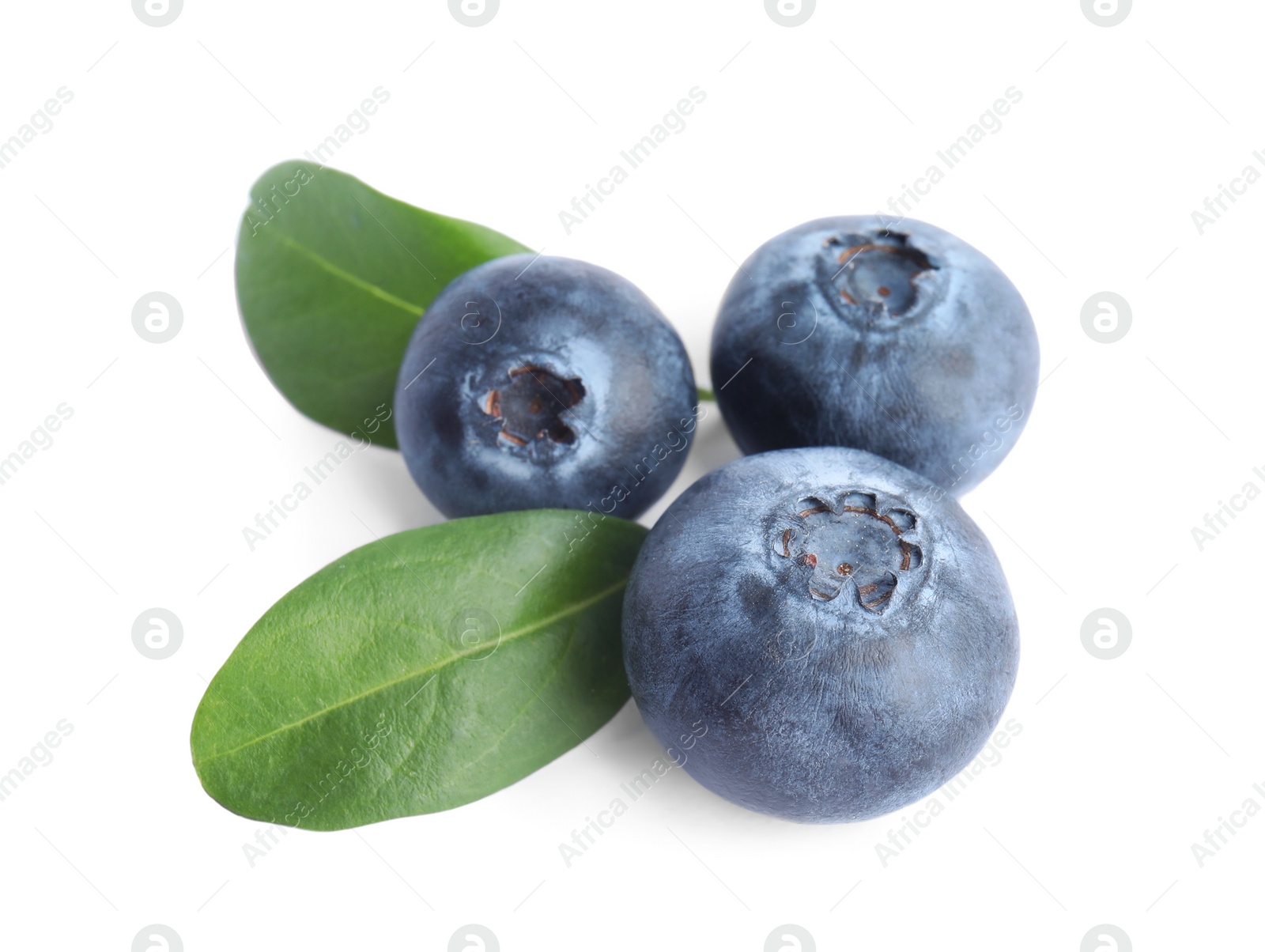 Photo of Fresh ripe blueberries with leaves on white background