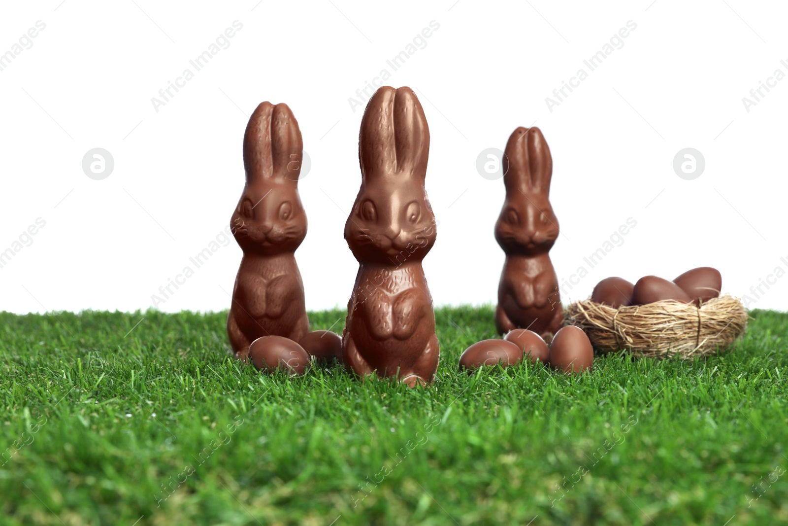 Photo of Chocolate bunnies and eggs on green grass against white background. Easter celebration