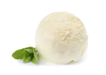 Photo of Delicious vanilla ice cream and mint on white background