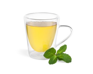 Fresh green tea in glass mug and mint isolated on white