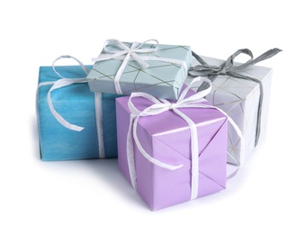 Heap of beautiful gift boxes on white background