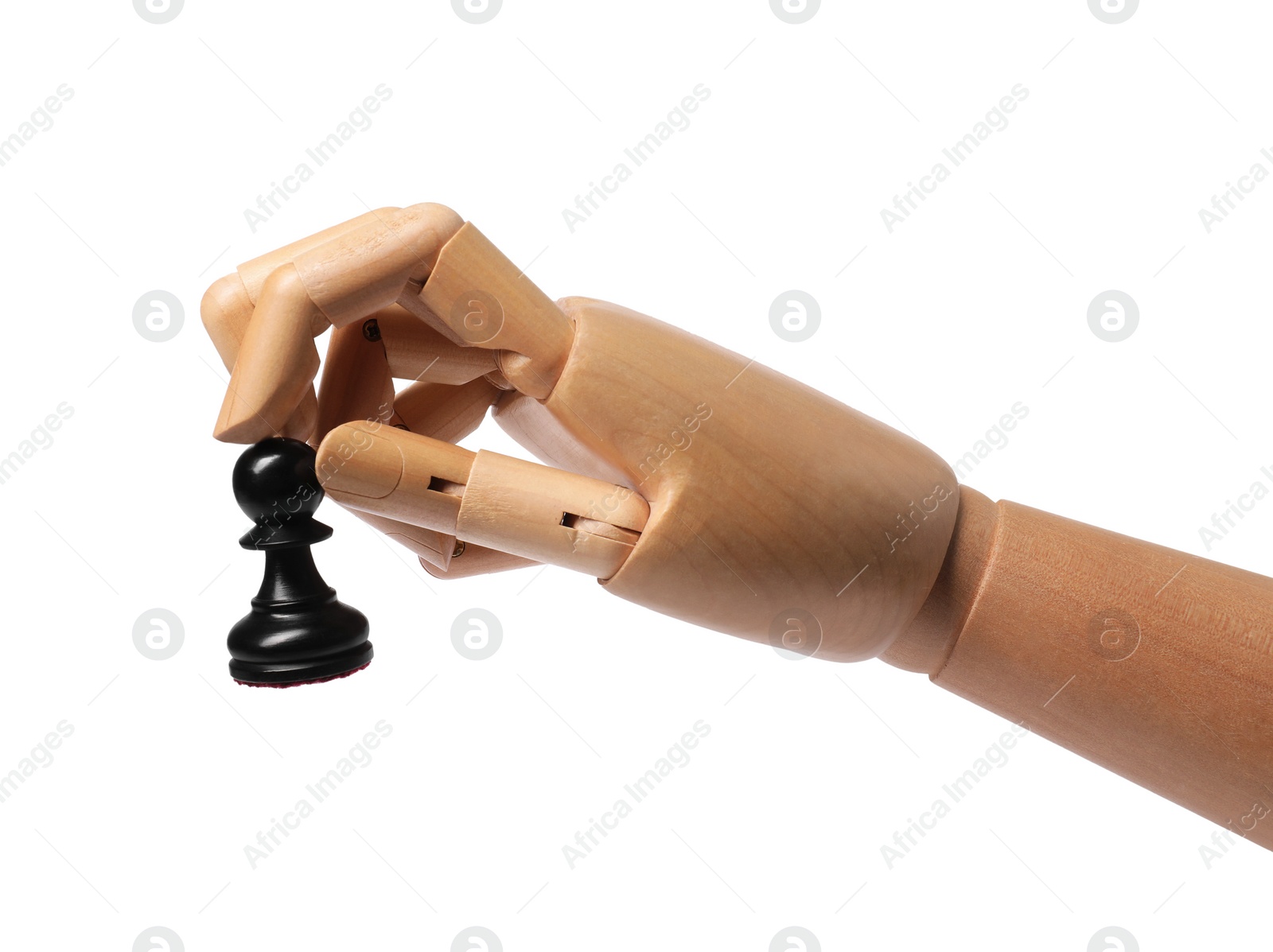Photo of Robot with pawn isolated on white. Wooden hand representing artificial intelligence playing chess