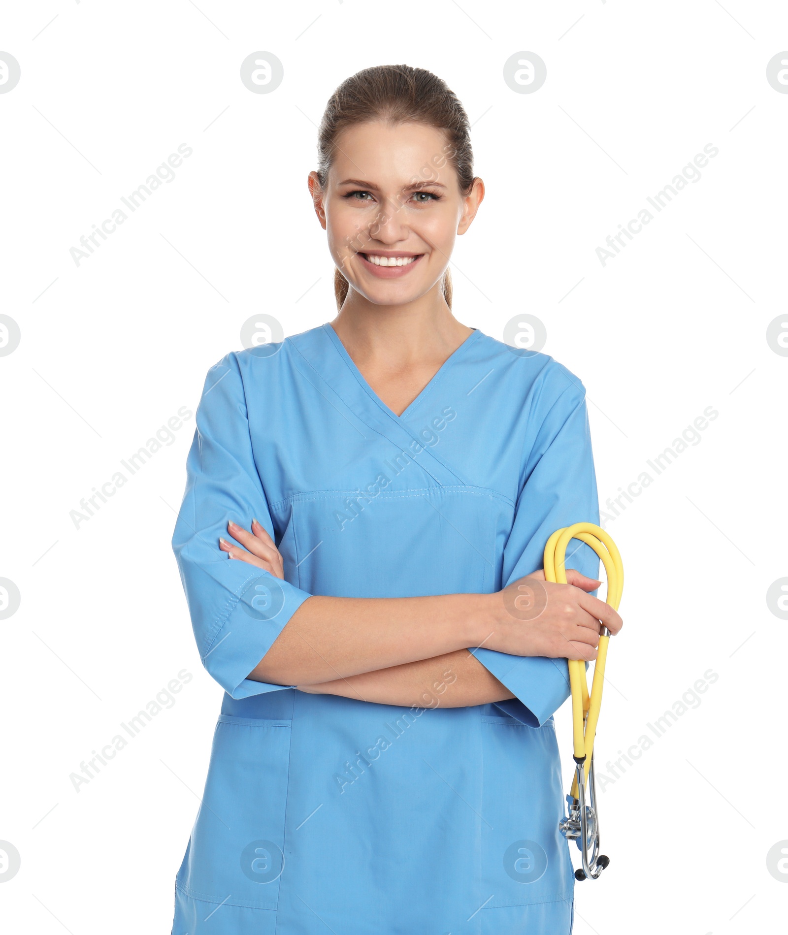 Photo of Portrait of young medical assistant with stethoscope on white background