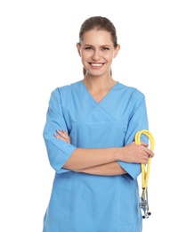 Portrait of young medical assistant with stethoscope on white background