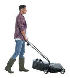 Photo of Man with modern lawn mower on white background