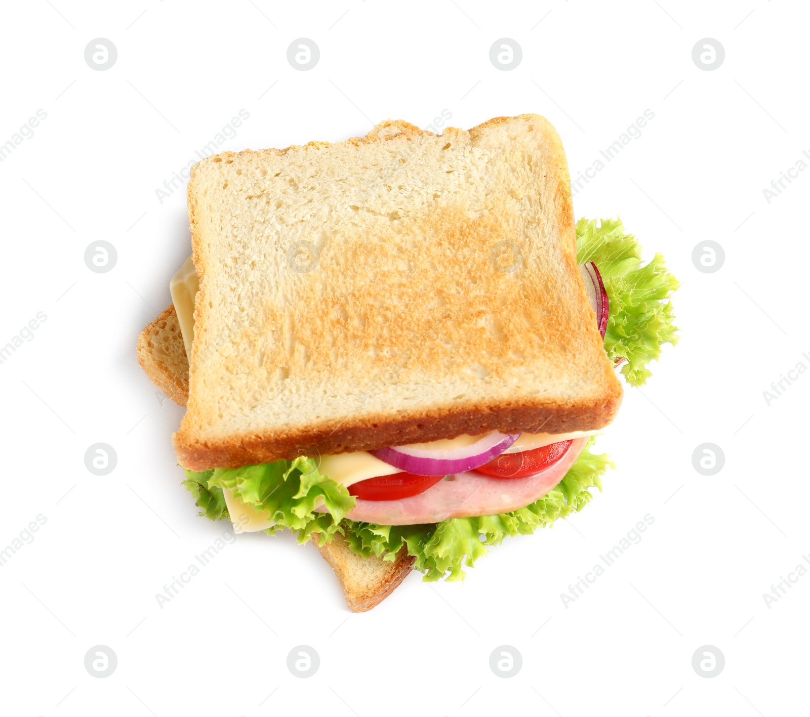 Photo of Toast bread with cheese, tomatoes, ham and lettuce leaves on white background. Tasty sandwich