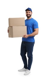 Happy courier with parcels on white background