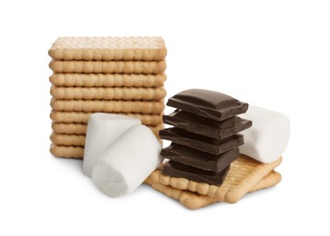 Photo of Delicious crackers, marshmallow and chocolate pieces isolated on white. Cooking sweet sandwiches