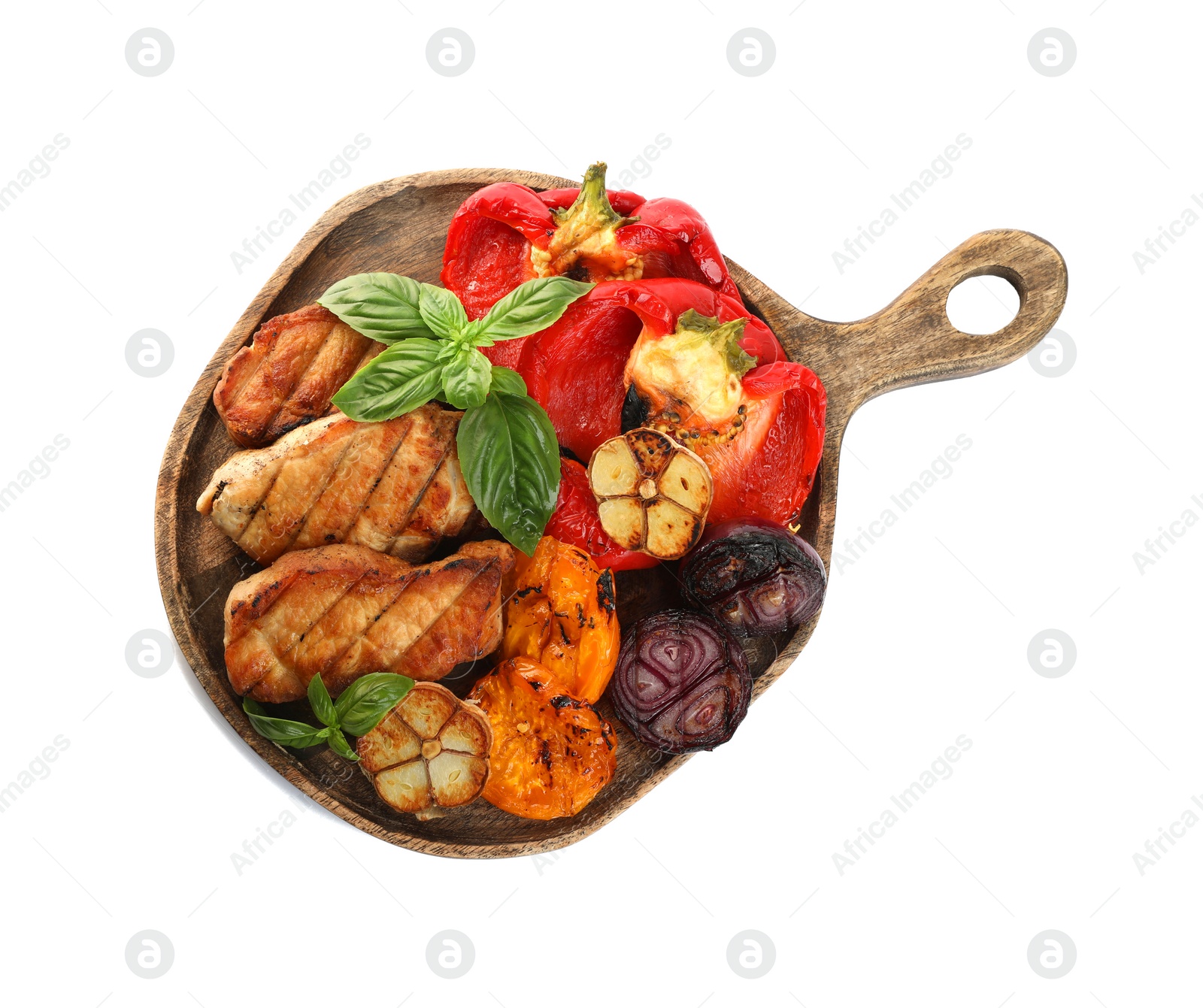 Photo of Board with tasty grilled vegetables, meat and basil isolated on white, top view