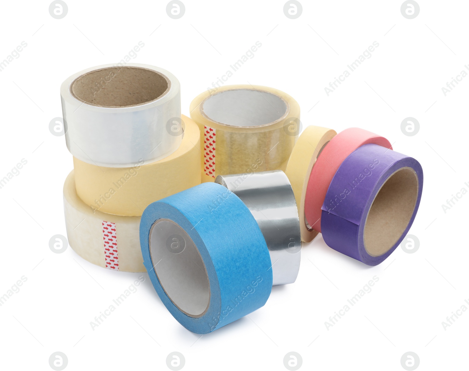 Photo of Many different rolls of adhesive tape on white background