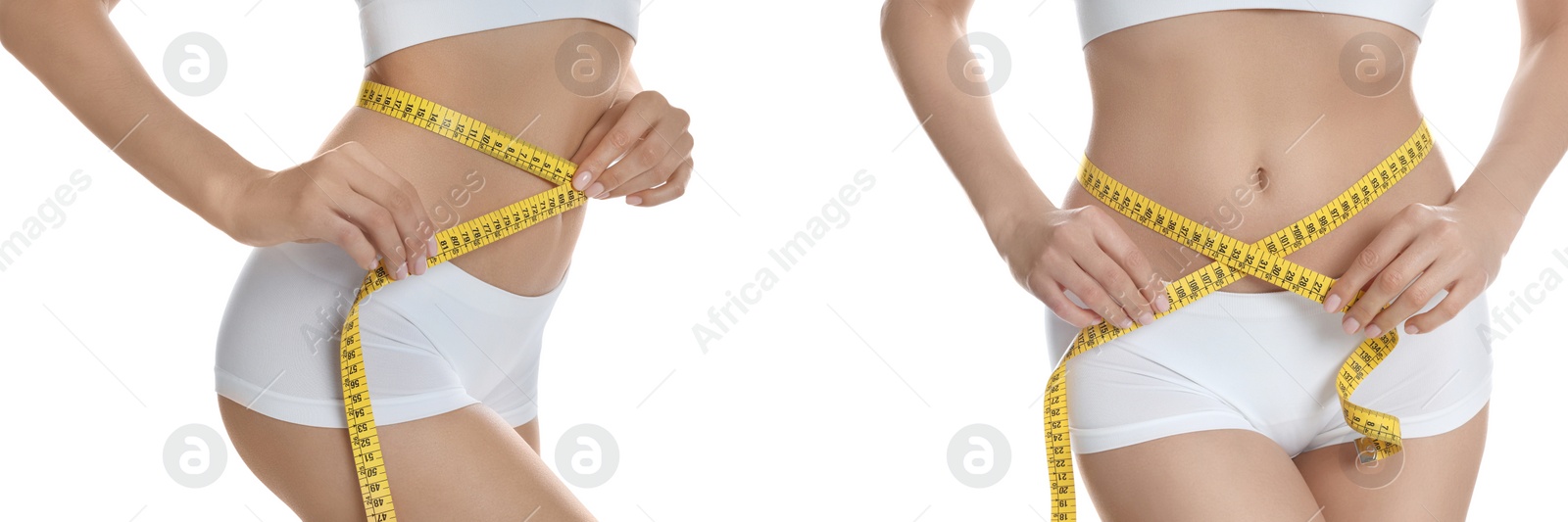 Image of Collage with photos of young woman with measuring tape on white background, closeup. Banner design 
