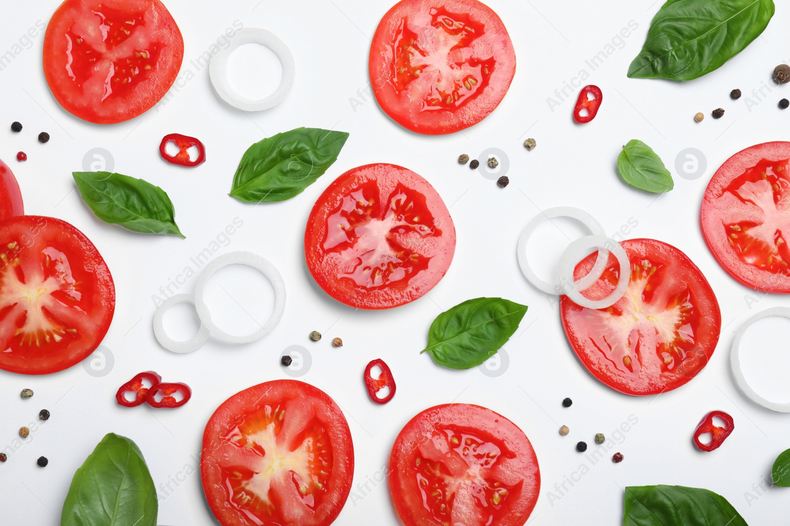 Photo of Composition with fresh green basil leaves on white background, top view